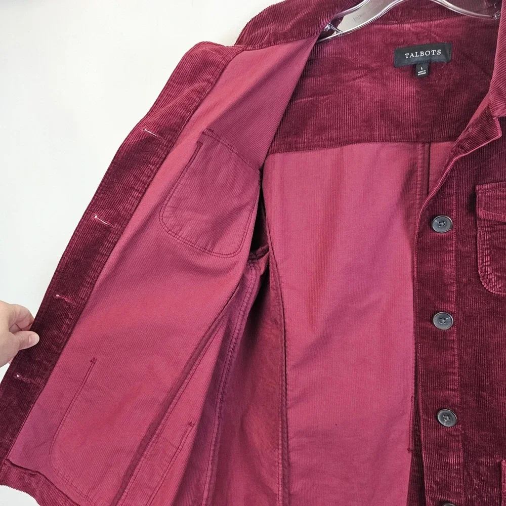 Talbots Corduroy Jacket Womens L Wine Maroon Button Front Classic Casual Trucker
